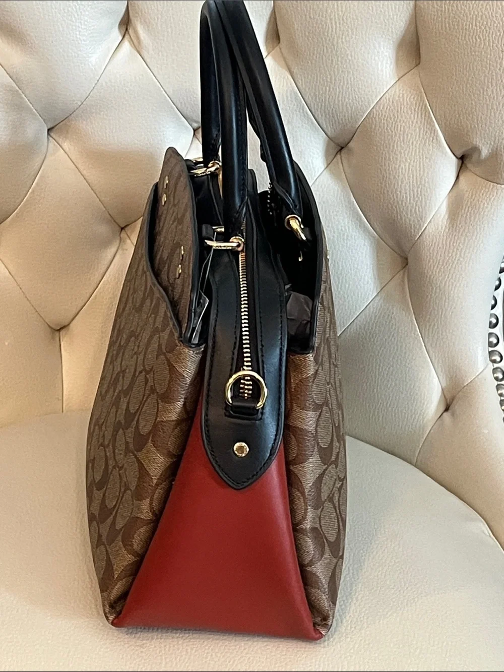 Coach Brown Signature Leather Satchel Rust Side Panels crossbody  Eye Catching